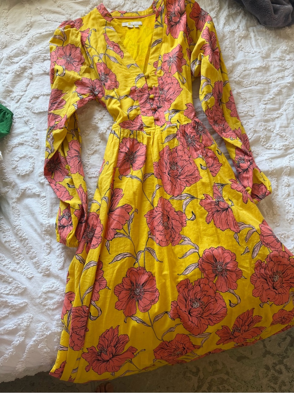Boden Yellow Long-Sleeve V-Neck Floral Maxi Dress with Pink Blooms - Picture 2 of 3